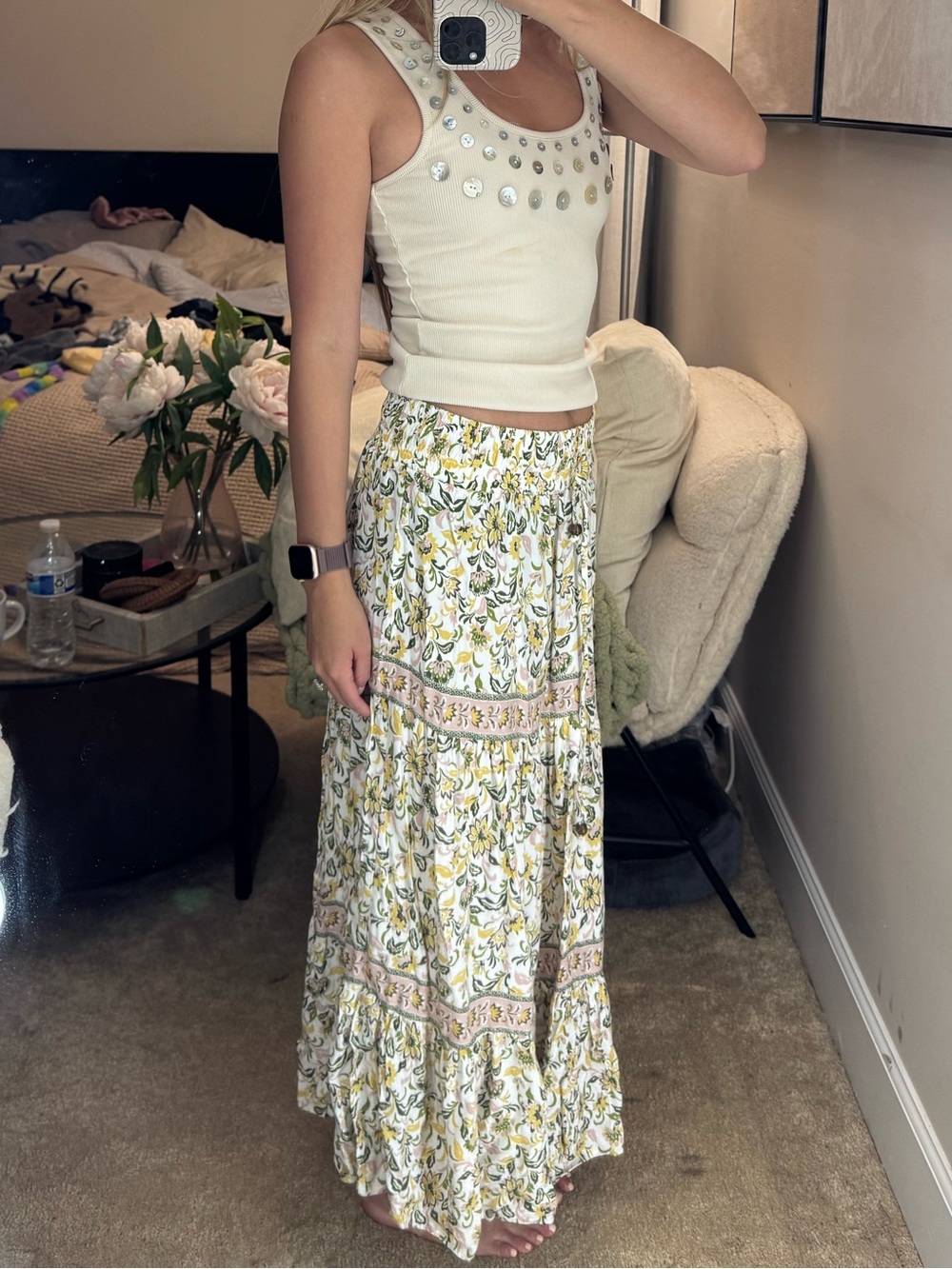 Japna Cream Maxi Skirt with Yellow & Green Floral Print - Picture 2 of 5